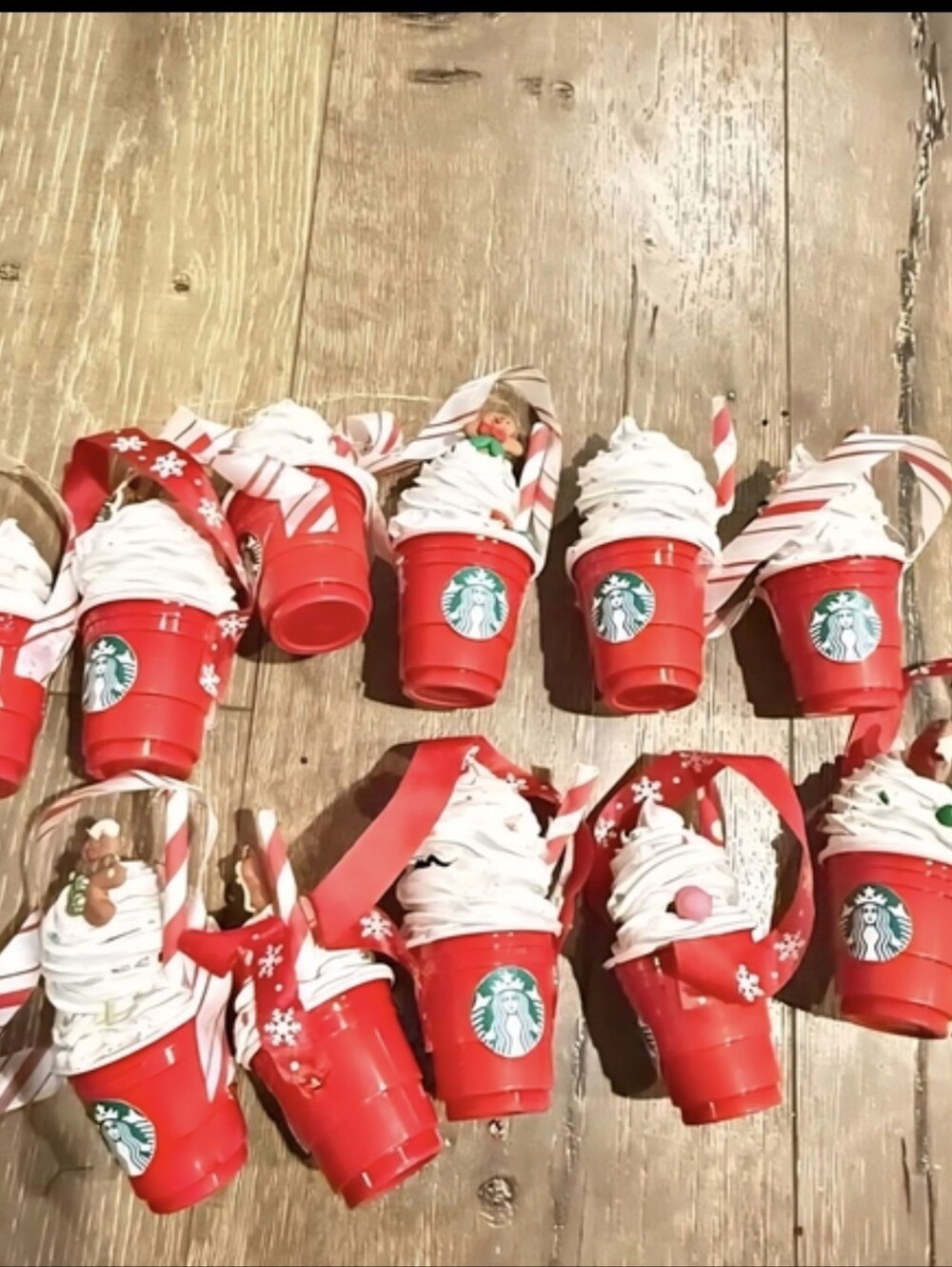 Holiday Handmade Mini Starbucks Red Cup Whipped Cream Ornaments Lot of 11